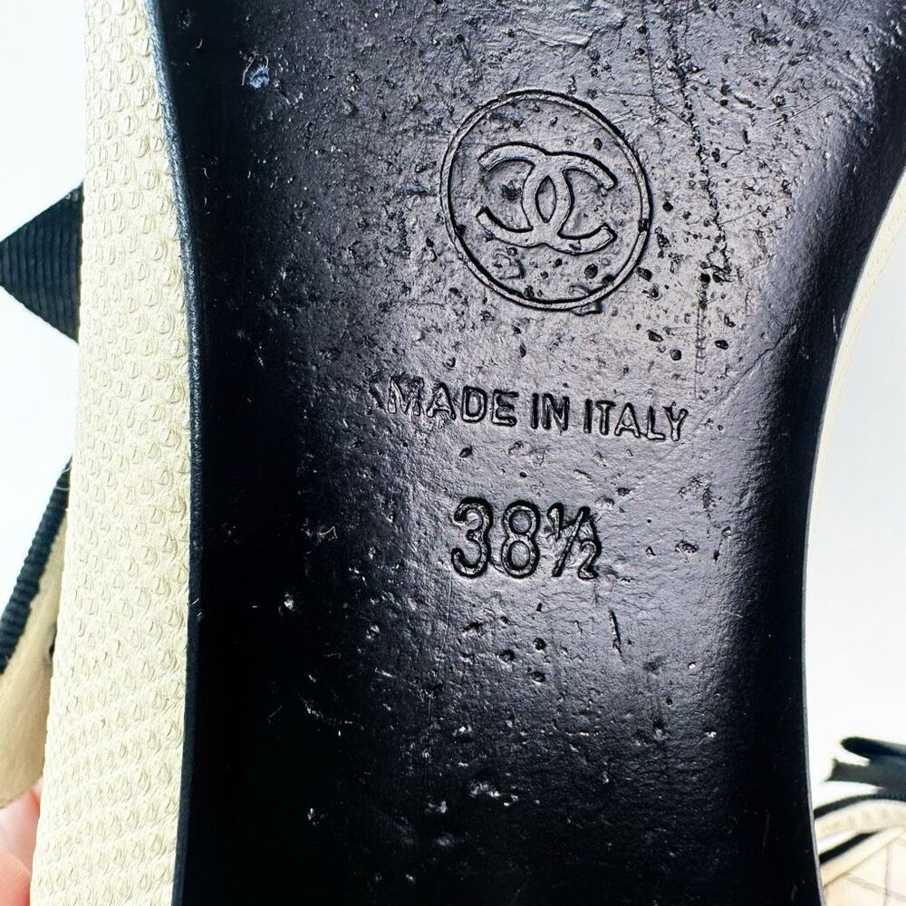 CHANEL Beige Black Cap Toe Leather CC Logo Ballet Flats Size 38.5 Mary Jane Bow - Picture 15 of 16